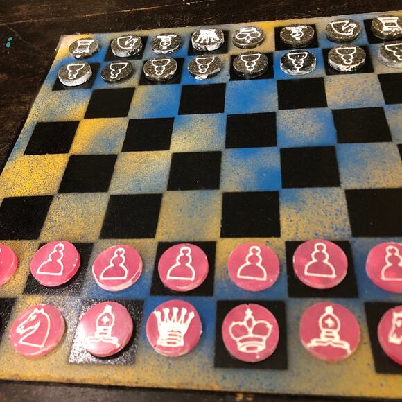 Painted Chess Set - Blu Yellow Mix (Pink Pieces) - Picture 8 of 10